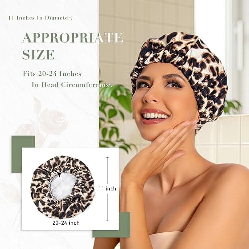 Reusable Shower Cap for Women, Large Waterproof Shower Essentials Bonnet Washable Elastic Band Bath Hair Wrap Hat for Long Hair, Braids(Leopard) thumbnail 2