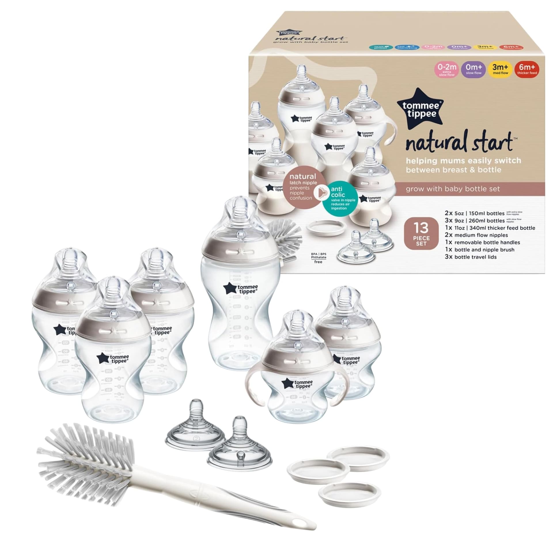 Tommee Tippee Set de Biberones Natural Start, Tetina Tipo Pecho, 0m+ | 12 Piezas, 2x150ml, 3x260ml, 1x340ml, Tetinas Flujo Lento, Medio y Espeso, Cepillo de Limpieza, Mamila Libre de BPA thumbnail 2