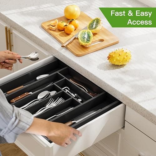 Pipishell Bamboo Expandable Drawer Organizer for Utensils Holder, Adjustable Cutlery Tray, Wood Drawer Dividers Organizer for Silverware, Flatware, Knives in Kitchen, Bedroom, Living Room(M-Black) thumbnail 7