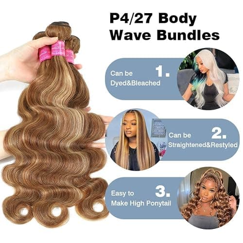 Honey Blonde Highlight Human Hair Bundles 100% Unprocessed Brazilian Virgin Hair Ombre Highlight Body Wave 3 Bundles Human Hair Weft Extensions Piano Color thumbnail 4