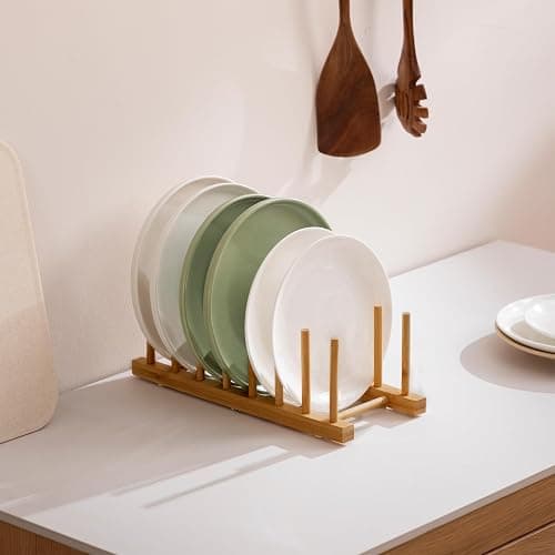 HBlife 2-Pack Bamboo Wooden Dish Rack Holder Space-Saving Vertical Organizer for Plates, Cups, Pots, Lids, Bowls & Cutting Boards Kitchen Cabinet & Counter Storage thumbnail 2