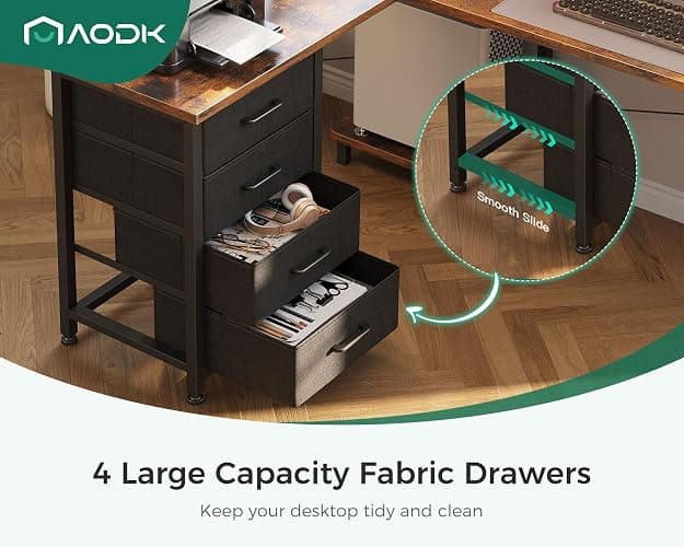 AODK L Shaped Desk with 4 Tier Drawers, 61" Reversible Gaming Desk with Power Outlets, L Shaped Computer Table with USB Charging Port and Host Stand, Home Office Table, Easy to Assemble, Vintage thumbnail 4