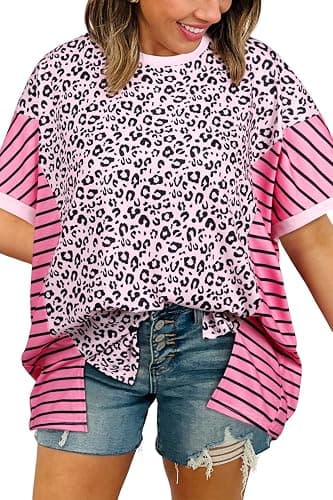 Mazulun Striped Leopard Sweatshirt for Women Color Block Patchwork Drop Shoulder Side Slit Pullover Shirt Tops - Image 1