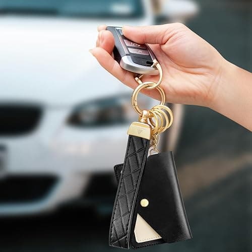 OHKYOOT Leather Wristlet Keychain,Wrist Keychain Car Key Chain with 3 Key Rings,D Ring and Slim Wallet thumbnail 3