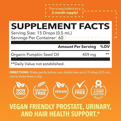 Pumpkin Seed Oil - USDA Organic - Cold Pressed for Hair, Prostate, and Hormone Support - 2 Month Supply - Liquid Drops for Men and Women - Vegan, Non-GMO, and Gluten Free - Unflavored, 1 Fl Oz thumbnail 2