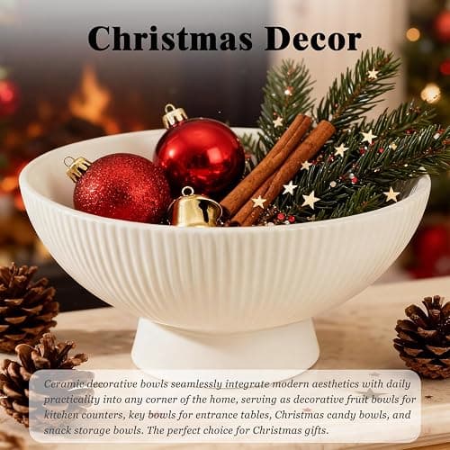 White Ceramic 8 Inch Small Decorative Bowl Fruit Bowl for Kitchen Counter Modern Pedestal Footed Centerpiece Bowl for Coffee Table & Home Decor Fall Catch-All Bowl for Key, Candy thumbnail 5