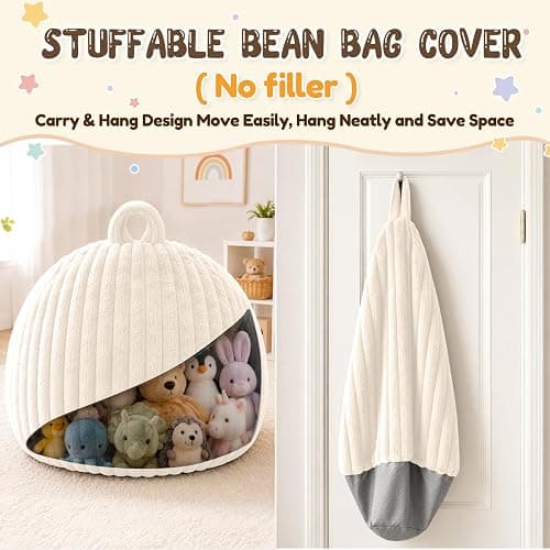 Bean Bag Cover No Filler Stuffed Animal Storage Bean Bag Chair Cover | Soft Faux Rabbit Fur,Non-Slip Bottom,Durable Zipper,Fill with Plush Toys or Blankets,for Adults Teens Kids Girls,Ivory thumbnail 5