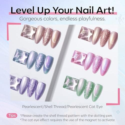 modelones Cat Eye Gel Nail Polish, 6 Colors Shimmer Pearl Magnetic Nail Drawing Set with Magnet, Iridescent Mermaid Swirl Shell Thread Purple Pink Blue Glitter, DIY Manicure Gift for Women Girl thumbnail 2