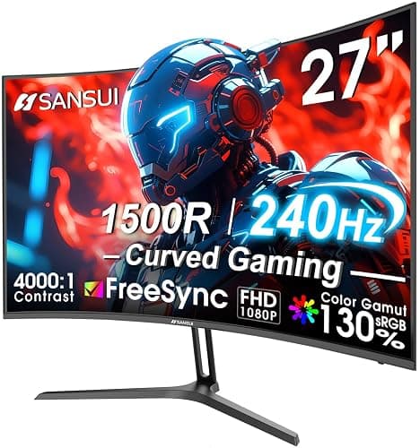 SANSUI 27 Inch Curved 240Hz Gaming Monitor FHD 1080P, 1500R Curve Computer Monitor, 130% sRGB, 4000:1 Contrast, HDR, FreeSync, MPRT 1Ms, Low Blue Light, HDMI DP Ports, Metal Stand, Cable Incl. - Image 1