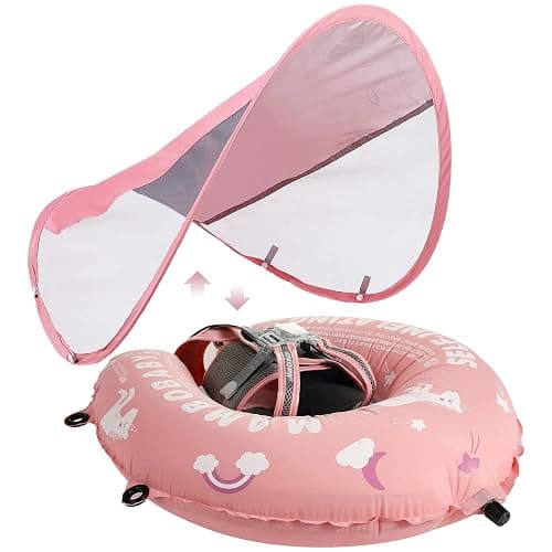 Mambobaby Float Self-Inflating Baby Pool Float with Canopy Compressible Pool Swim Float Infant Soft Solid Swimming Trainer with Removable UPF 50+ UV Sun Protection Canopy, Pink thumbnail 7