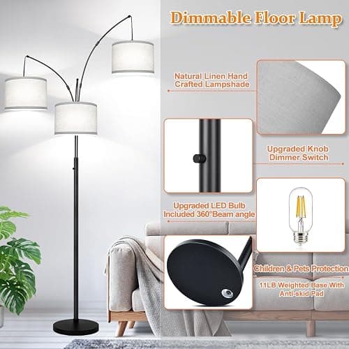 Dimmable Floor Lamp, 3 Lights Black Arc Floor Lamp, Modern Tall Standing Tree Lamp with Grey Linen Shades & Heavy Base, 3000LM LED Bulbs, Bright Lighting for Living Room, Bedroom, Office & Reading thumbnail 4