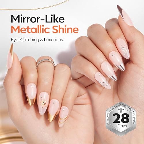 Modelones Metallic Gold Silver Liner Gel Polish Set Precision Brush | Chrome Nail Art Gel for French Tips Detail Paint Draw Swirl Design 3D Mirror Effect Soak Off U V Cure DIY Salon Manicure thumbnail 3