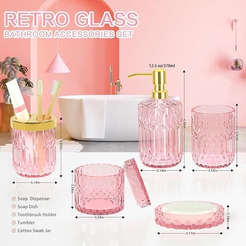 Pink Bathroom Accessories Set, 5Pcs Clear Glass Pink Bathroom Decor with Lotion Soap Dispenser, Soap Dish, Tumbler, Cotton Swab Jar, Toothbrush Holder for Bathrooms Set Modern Crystal Vintage Gift thumbnail 3