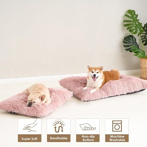 EHEYCIGA Fluffy Dog Crate Bed for Large Dogs, Plush Faux Fur Crate Pad, Calming Anti Anxiety Large Dog Bed, Washable Soft Warm Crate Mat with Non-Slip Bottom, Pink thumbnail 8