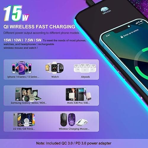 ToLuLu Wireless Charging RGB Gaming Mouse Pad, 15W LED Mouse Mat with 30W Charger, 14 Light Modes Large Mousepad with Wrist Support, Non-Slip Rubber Base Desk Mat Computer Keyboard Pad, Galaxy Nebula thumbnail 8