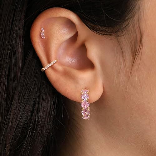 FSLEAD 14K Gold Plated Hoop Earrings for Women,Silver Huggie Earrings for Women Cubic Zirconia Small Earring CZ Inside-Outside Hoop Earrings Clear,Hot Pink,Black,Red,Green,Multicolored Earrings thumbnail 3