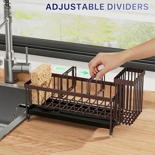 Cisily Brown Sponge Holder for Kitchen Sink, Sink Caddy Organizer with High Brush Holder, Kitchen Countertop Organizers and Storage Essentials, Rustproof 304 Stainless Steel, Soap Dispenser Organize thumbnail 4