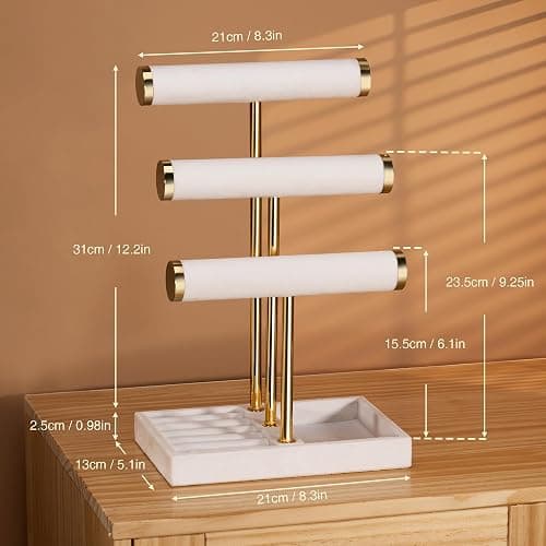 Josmimic 3 Tier Bracelet Holder Display - Detachable T Bar White Velvet Bracelet Holder, Jewelry Holder Organizer for Bracelet, Necklace, Watches, Rings thumbnail 3