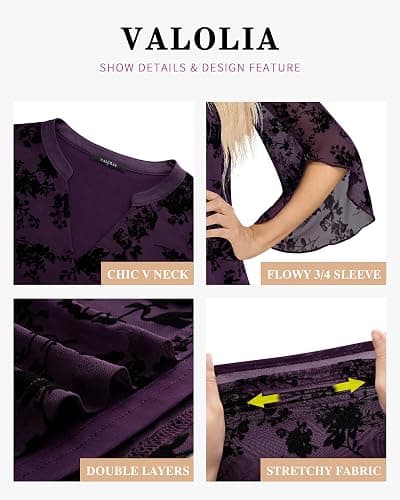 VALOLIA Women's 3/4 Sleeve Floral Tunic Tops V Neck Double Layers Loose Fit Mesh Blouses Shirt thumbnail 5