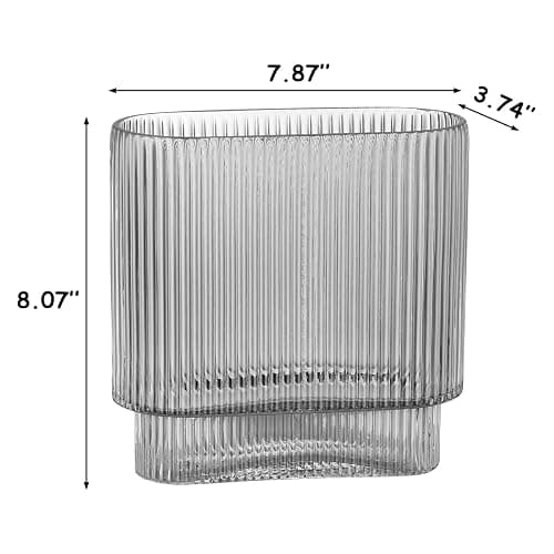 VanEnjoy Ribbed Glass Vase, Gray Colored Fluted Vase, Big Modern Glass Vase, Unique Oblong Ribbed Vase for Flowers, Round Glass Vases for Centerpieces thumbnail 3