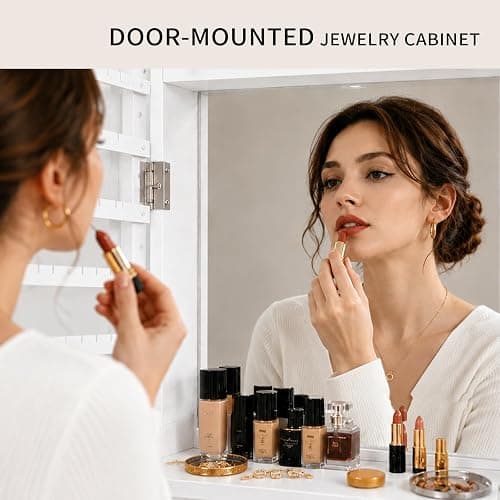 AnSafity Lockable Jewelry Cabinet Organizer with Full Length Mirror, 6 Auto LED Lights, Wall & Over Door Mount Jewelry Armoire with Earring Slots, Necklace Hooks, Foldable Makeup Shelf thumbnail 4