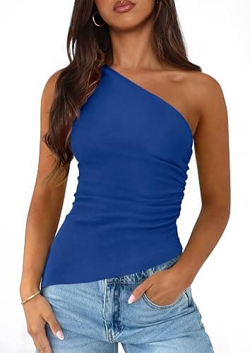 PRETTYGARDEN Womens 2025 Summer Y2K Tops Sleeveless One Shoulder Slim Fit Shirts Ruched Knit Asymmetrical Top Blouse - Image 1