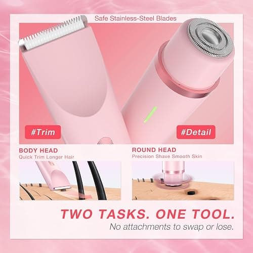 AMURS Bikini Trimmer for Women, Dual-Head Electric Body Hair Trimmer for Sensitive Areas, IP67 Waterproof Rinsable, USB-C Rechargeable Groomer for Bikini Line, Underarms, Legs & Face, Soft Pink thumbnail 3