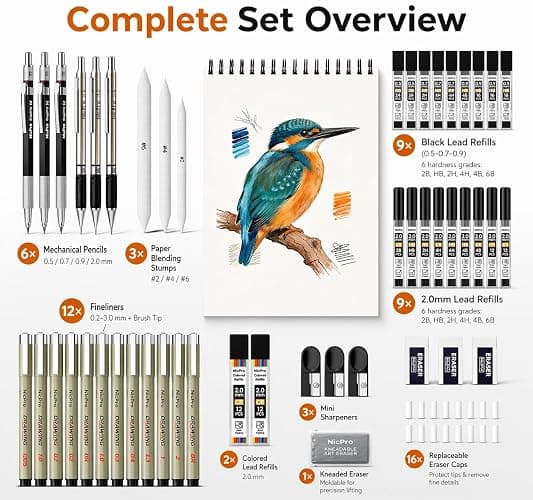 Nicpro 52PCS Art Drawing Supplies Kit, Metal Mechanical Pencil Set 0.5, 0.7, 0.9 & 2mm, 9x12 Sketch Book, 12 Fineliner Pens, 20 Tubes Leads, School Supplies Drawing Kit for Artist Adults Sketching thumbnail 6