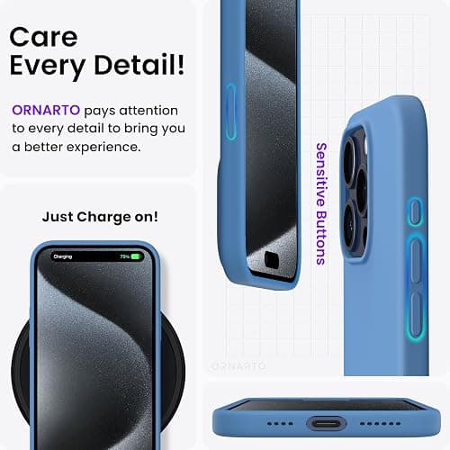 ORNARTO Compatible with iPhone 15 Pro Max Case 6.7", Slim Liquid Silicone 3 Layers Soft Gel Rubber Shockproof Protective Phone Case with Anti-Scratch Microfiber Lining-Blue thumbnail 5