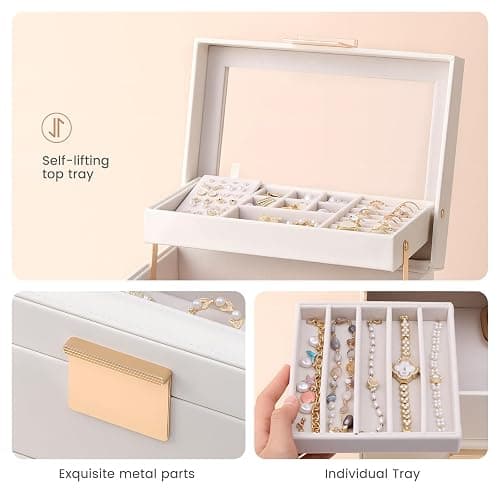 Lolalet Jewelry Box, Clear Window Jewelry Organizer with Drawer for Earrings Bracelets Necklaces Rings, Jewelry Storage for Women -White, 3 Layers thumbnail 6