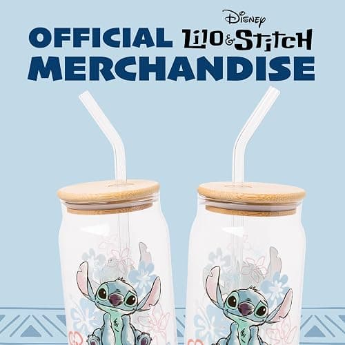 Silver Buffalo Disney Lilo and Stitch Ohana Floral Glass Jar Tumbler with Bamboo Lid and Glass Straw, 16 Ounces thumbnail 7