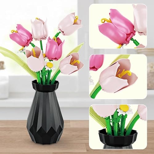 Flower Bouquet Building Sets, Tulips Botanical Collection, DIY Artificial Flower with vase for Adults Women Girl Kids, Pink Chrismas Home Decor Gifts for Mother's Day, Birthday, Easter(223 pcs) thumbnail 3