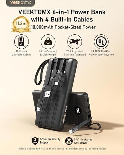 VEEKTOMX Portable Charger with 3 Built-in Cables — 10000mAh Slim Power Bank, USB-C Battery Pack with Lightning & Micro USB, TSA Approved Travel Charger for iPhone, Samsung, Android thumbnail 2