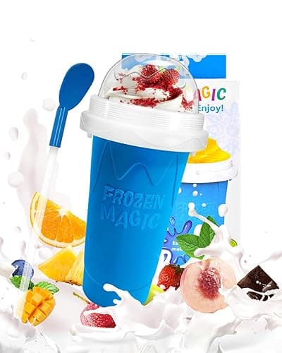 Bollove Slushy Maker Cup, DIY Magic Slushy Maker Squeeze Cup, Portable Smoothie Squeeze Cup for Juices, Milk and Ice Cream Make, Double Layers Silica Cup with Lid & Straw (Blue), 7.87*4.33in - cup