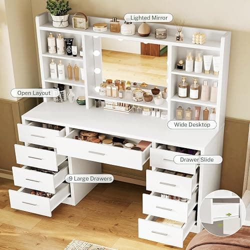 TEENFON Dressing Table with 3-Color LED Lights Mirror, Adjustable Brightness, Vanity Table Makeup Desk with 9 Drawers and 7 Storage Shelves, Modern Vanity Desk for Bedroom Dressing Room, White thumbnail 5