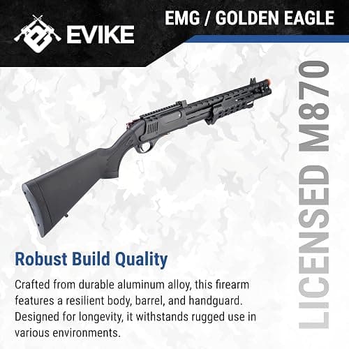 Evike Airsoft - EMG Strike Industries Licensed M870 Gas Powered Pump Action Airsoft Shotgun w/MLOK H-Guard by Golden Eagle (Color: Black) thumbnail 2