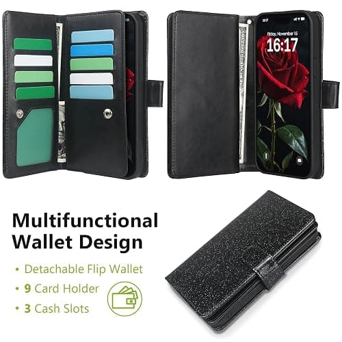 Varikke for iPhone 15 Case Wallet Strong Magnetic Detachable, Black | Magnetic Detachable Phone Cover, with 9-Card Holder Slots, Glitter PU Leather Flip Removable Wallet for Women with Wristlet thumbnail 3