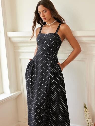 CIDER Womens Polka Dots Summer Casual Dresses Square Neck Sleeveless Midi A Line Elegant Dress thumbnail 6