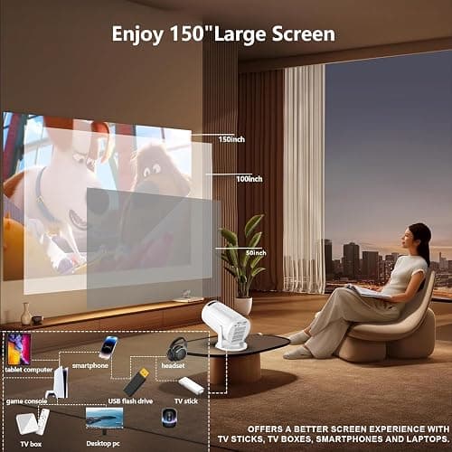 XBJ Mini Projector with WIFI, 4K Support Portable Projector 180° Rotatable.Full HD 1080P Outdoor Projector 17"-130" Screen Movie Projector. Compatible for Smartphone, Laptop, TV Stick,USB(No App) thumbnail 3