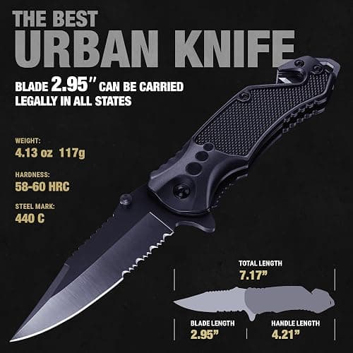 GOOD WORKER Legal Pocket Knife with 2.95” Serrated Blade, Glass Breaker, Seat Belt Cutter - EDC Sharp Folding Knives with Portable Clip - Small Tool for Tactical Camping Survival Hiking - Gifts for Men, Women thumbnail 3