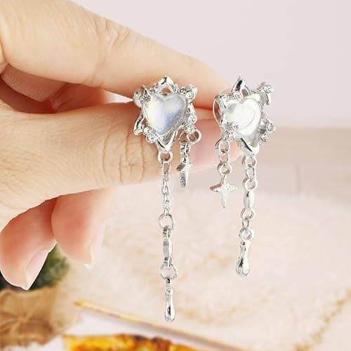 Mabor Ohrringe Herz Silber Herzform Creolen Asymmetrische Ohrringe mit Stern Wassertropfen Anhänger Aesthetic Stud Earring für Teenager Mädchen Frauen Kettenohrringe thumbnail 6