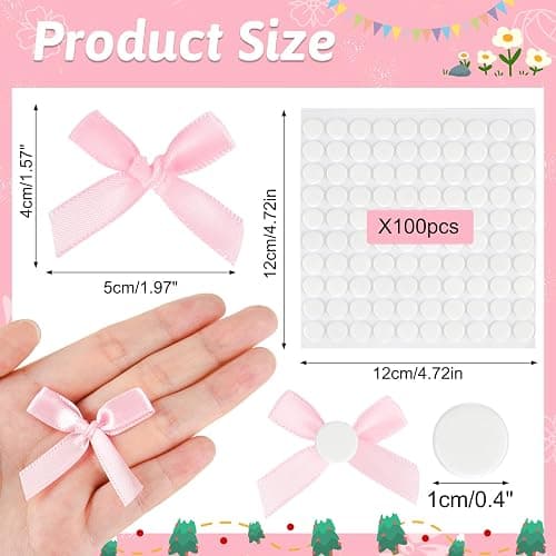 NEBURORA 100 Pcs Mini Pink Bows Small Satin Fabric Ribbons Bow with Dot Stickers for Gift Wrapping Cake Card DIY Crafts Wedding Party Decorations thumbnail 3