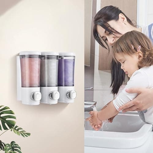 Shampoo and Conditioner Dispenser No Drill Shower Soap Dispenser Wall Mounted Shower Dispenser 3 Chamber with Upgrade Smooth Pump Head Bathroom Body Wash Soap Dispenser Set 450ml*3 White thumbnail 3