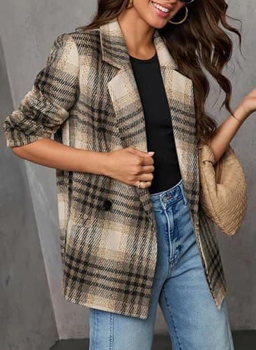 Happy Sailed Women’s Plaid Blazer Classic Lapel Collar Double Breasted Open Front Blazers Jackets Work Suit with Pockets thumbnail 3