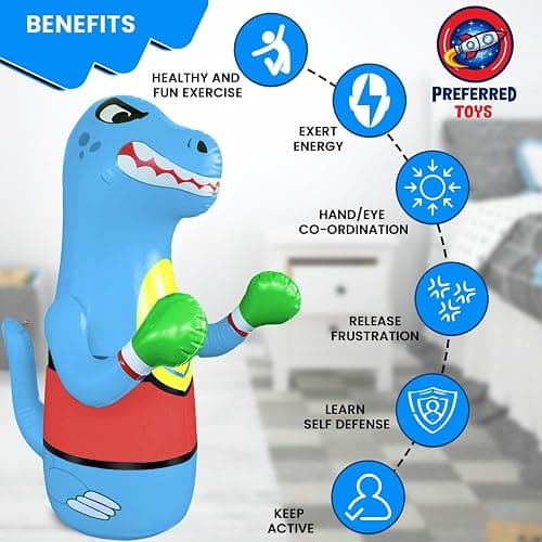 Preferred Toys Inflatable Dinosaur Punching Bag for Kids – Bop Bag for Toddlers and Children Ages 3-14 – 47" Blow Up Toy with Bounce-Back Action – Fill Base with Sand or Water - Blue thumbnail 4