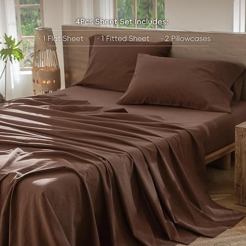 MooMee Bedding Sheet Set 100% Cotton Linen Like Textured Breathable Durable Soft Comfy (Solid Cocoa Brown, Queen) thumbnail 3
