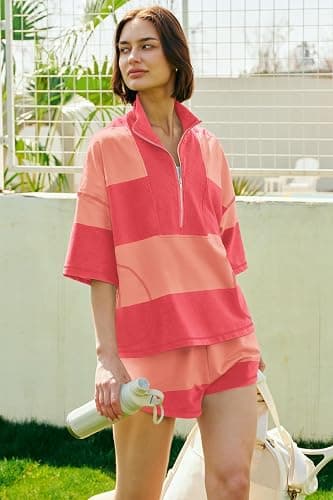 ReachMe Womens Workout Striped Short Sets 2 Piece Outfits Summer Matching Lounge Sets Top and Shorts with Pockets thumbnail 2