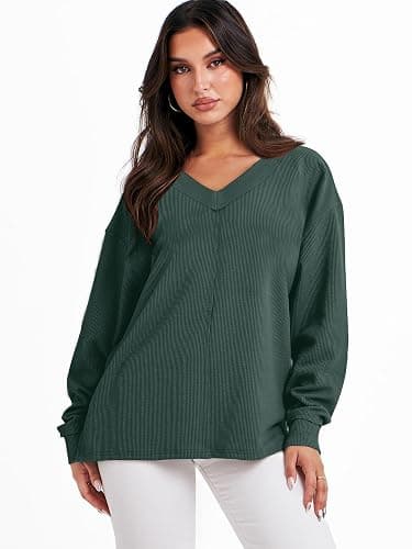 ANRABESS Oversized Long Sleeve Shirts for Women Off the Shoulder Sweatshirt Loose V Neck Tunic Tops High Low Sweater 2025 thumbnail 6