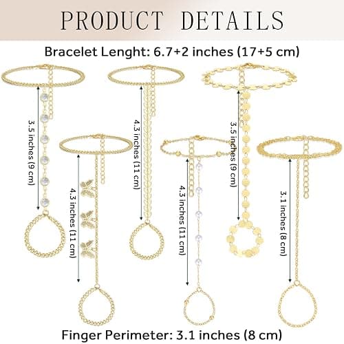 YixNahz 6 Pieces Gold Finger Ring Bracelet for Women Trendy 14k Gold Plated Womens Adjustable Cute Rings Hand Chain Link Bracelets Set for Women Jewelry Gifts Daily Accessories on Summer Beach thumbnail 8