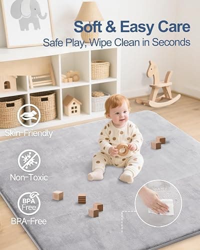 SEPARO Thick Baby Play Mat for Floor,Padded Foam 59x59 Playpen Mat,Ultra Soft Support&Plush Feel Nursery Rug,Non Slip for Toddler, Infants,Kids Play,Yoga,Baby Crawling,Tummy Time(Light Grey) thumbnail 3